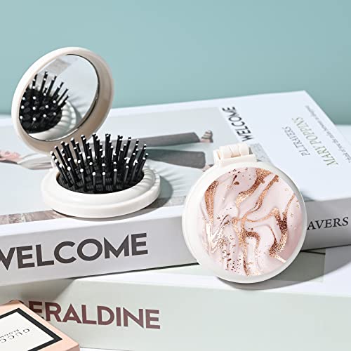 Mini hairbrush, pocket hairbrush with mirror, portable for purse/pocket, travel size (2 Piece Marble 1) - Image 2