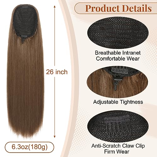 FLUFYMOOZ ponytail extension, 26 Inch Long Straight Drawstring Ponytail Synthetic Hairpieces Fake Pony Tails Natural Soft Clip in Hair Extension ponytail for Women (Medium Brown with Medium Auburn) - Image 3