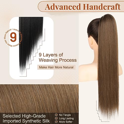 FLUFYMOOZ ponytail extension, 26 Inch Long Straight Drawstring Ponytail Synthetic Hairpieces Fake Pony Tails Natural Soft Clip in Hair Extension ponytail for Women (Medium Brown with Medium Auburn) - Image 4