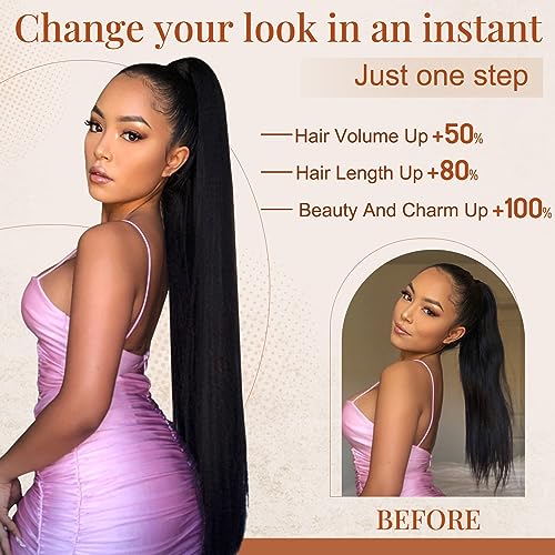 FLUFYMOOZ ponytail extension, 26 Inch Long Straight Drawstring Ponytail Synthetic Hairpieces Fake Pony Tails Natural Soft Clip in Hair Extension ponytail for Women (Medium Brown with Medium Auburn) - Image 5
