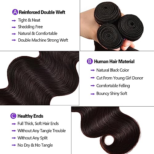 Brazilian Body Wave 3 Bundles With Closure Free Part (16 18 20+14) Body Wave Bundles with 4X4 Closure 100% Unprocessed Virgin Hair Weft Human Hair Bundles with Swiss Lace Closure Natural Color - Image 2
