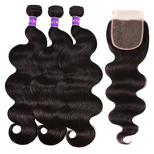 Brazilian Body Wave 3 Bundles With Closure Free Part (16 18 20+14) Body Wave Bundles with 4X4 Closure 100% Unprocessed Virgin Hair Weft Human Hair Bundles with Swiss Lace Closure Natural Color - Image 5