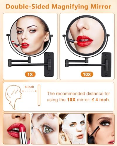Wall Mounted Makeup Mirror - 1X/10X Magnifying Mirror for Wall, 8 Inch Double Sided 360° Swivel Extendable Bathroom Mirror for Shaving, Black - Image 2