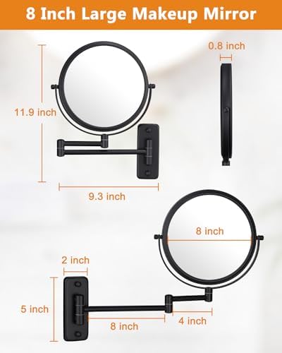 Wall Mounted Makeup Mirror - 1X/10X Magnifying Mirror for Wall, 8 Inch Double Sided 360° Swivel Extendable Bathroom Mirror for Shaving, Black - Image 4