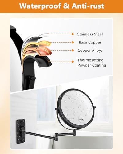 Wall Mounted Makeup Mirror - 1X/10X Magnifying Mirror for Wall, 8 Inch Double Sided 360° Swivel Extendable Bathroom Mirror for Shaving, Black - Image 5