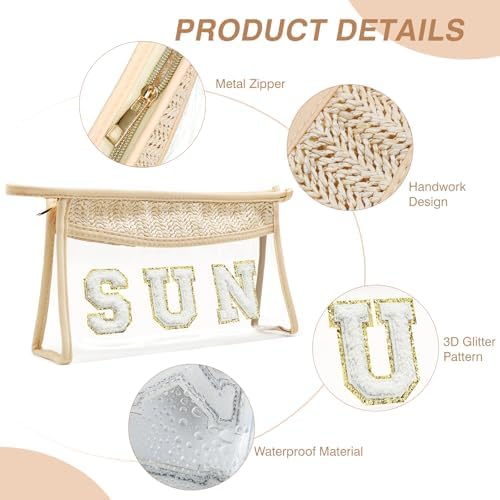 Boho Hand-woven Makeup Bag, Chenille Letter Patch Clear Travel Pouch, Rattan Straw Bag Clear Cosmetic Sunscreen Bags, Women Summer Retro Travel Beach Bag Beach Essentials (Boho_Beige-Sun) - Image 3