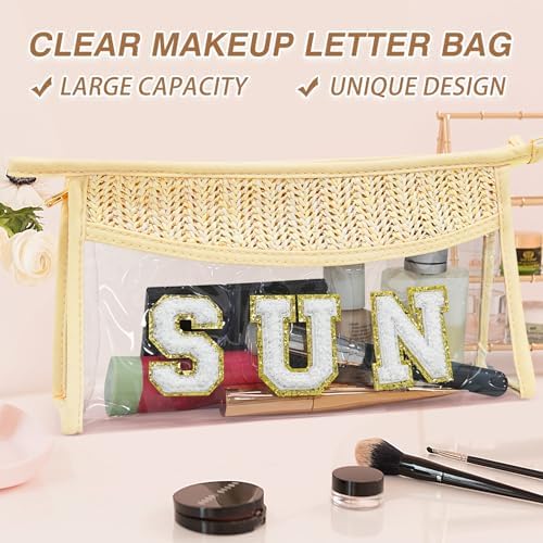 Boho Hand-woven Makeup Bag, Chenille Letter Patch Clear Travel Pouch, Rattan Straw Bag Clear Cosmetic Sunscreen Bags, Women Summer Retro Travel Beach Bag Beach Essentials (Boho_Beige-Sun) - Image 4