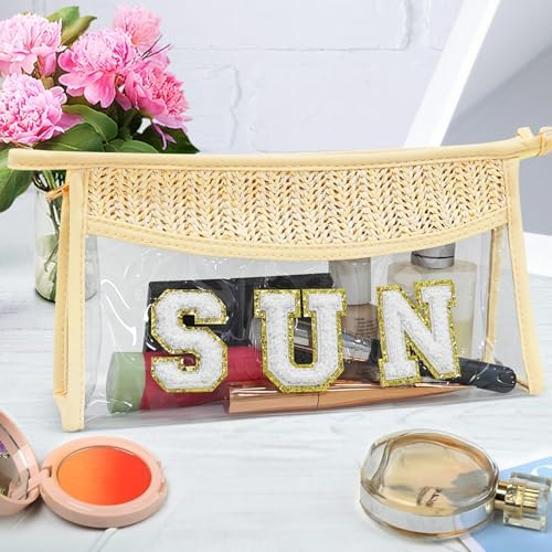 Boho Hand-woven Makeup Bag, Chenille Letter Patch Clear Travel Pouch, Rattan Straw Bag Clear Cosmetic Sunscreen Bags, Women Summer Retro Travel Beach Bag Beach Essentials (Boho_Beige-Sun) - Image 7