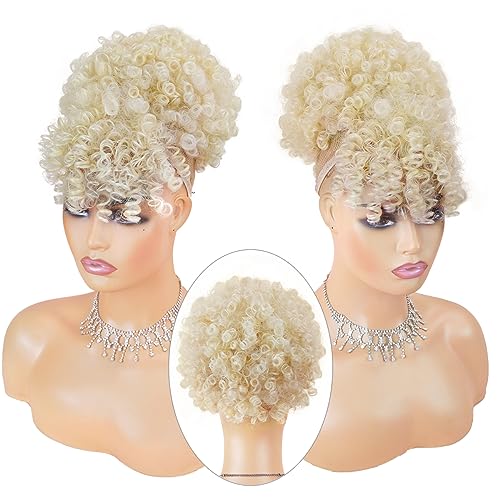 Ceitq Afro Puff Ponytail Extensions with Bangs Drawstring Ponytail for Women Short Kinky Curly Ponytail with Bangs Blonde Clip in Wrap Updo Hairpieces - Image 2