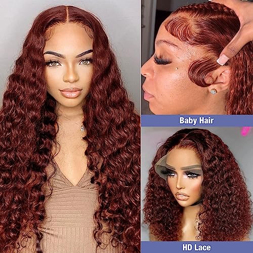 Reddish Brown Lace Front Wigs Human Hair 13x4 Reddish Brown Deep Wave Lace Front Wigs Human Hair for Women Reddish brown Curly Human Hair Wigs Pre Plucked With Baby Hair 180% Density 24inch - Image 3