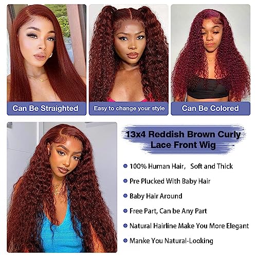 Reddish Brown Lace Front Wigs Human Hair 13x4 Reddish Brown Deep Wave Lace Front Wigs Human Hair for Women Reddish brown Curly Human Hair Wigs Pre Plucked With Baby Hair 180% Density 24inch - Image 5