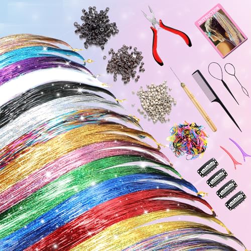 Hair Tinsel Kit (20 Colors, 4400 Strands, 48 Inches) Sparking Tinsel Hair Extensions Kit with Tools, Fairy Hair Tinsel Kit Heat Resistant Highlights Glitter Hair Extensions Hair Tensile Kit - Image 2