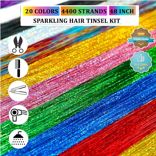 Hair Tinsel Kit (20 Colors, 4400 Strands, 48 Inches) Sparking Tinsel Hair Extensions Kit with Tools, Fairy Hair Tinsel Kit Heat Resistant Highlights Glitter Hair Extensions Hair Tensile Kit - Image 3