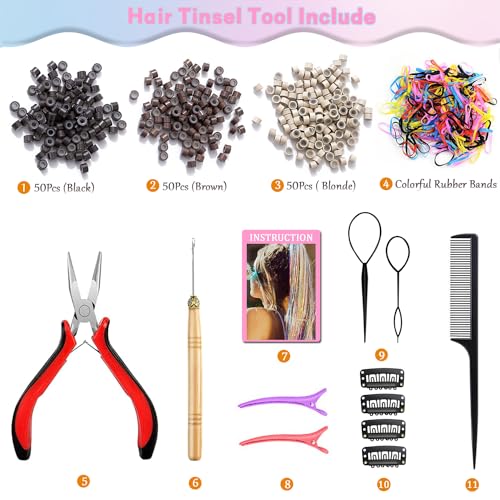 Hair Tinsel Kit (20 Colors, 4400 Strands, 48 Inches) Sparking Tinsel Hair Extensions Kit with Tools, Fairy Hair Tinsel Kit Heat Resistant Highlights Glitter Hair Extensions Hair Tensile Kit - Image 5