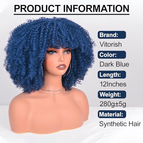 Afro Curly Wigs for Black Women Afro Bomb Kinky Curly Wig with Bangs 12 Inches about 280g Fluffy and Soft Glueless Synthetic Hair Wig (Dark Blue) - Image 3