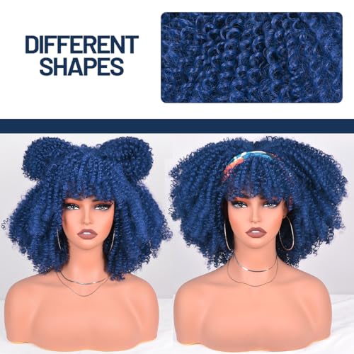 Afro Curly Wigs for Black Women Afro Bomb Kinky Curly Wig with Bangs 12 Inches about 280g Fluffy and Soft Glueless Synthetic Hair Wig (Dark Blue) - Image 6