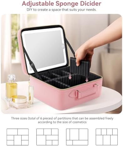 JUSRON Travel Makeup Bag With LED Mirror, Train Case with Light up Mirror, Portable Makeup Artist Organizer Bag with Adjustable Dividers, Makeup Brush Holder Storage (Pink, Large) - Image 4