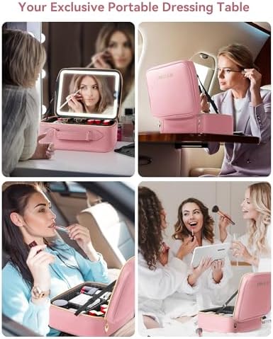 JUSRON Travel Makeup Bag With LED Mirror, Train Case with Light up Mirror, Portable Makeup Artist Organizer Bag with Adjustable Dividers, Makeup Brush Holder Storage (Pink, Large) - Image 6