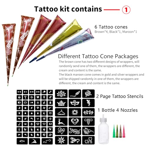 11 Sheets total 84 Tattoo Patterns, 6 Pcs 3 Color (Brown Black Maroon) Temporary Tattoo Kit, Tattoo Stencils Kit - Image 2