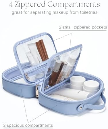 Clear Cosmetic Bag Double Layer Travel Toiletry Bag Clear Makeup Bag Case with 4 Compartments, Transparent Travel Bag for Toiletries, TSA Approved Toiletry Case for Women (Blue) - Image 3