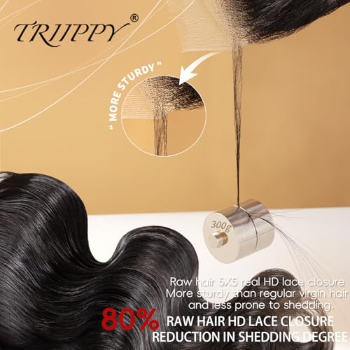Triippy Raw Hair 5x5 HD Lace Closure Body Wave More Less Shedding than Regular Virgin Hair, 0.10mm Ultra-Thin 5x5 Swiss Real HD Lace with 100% Raw Cambodian Human Hair 16 Inches - Image 4