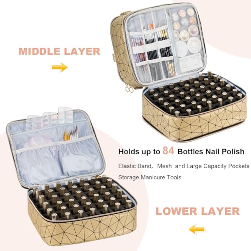 Uross Nail Polish Organizer Bag Holds 84 Bottles Nail Polish & Nail Lamp, Gel Nail Polish Organizers and Storage box for Nail Tech, Nail Kit Supplies Organizer Case-Golden - Image 3