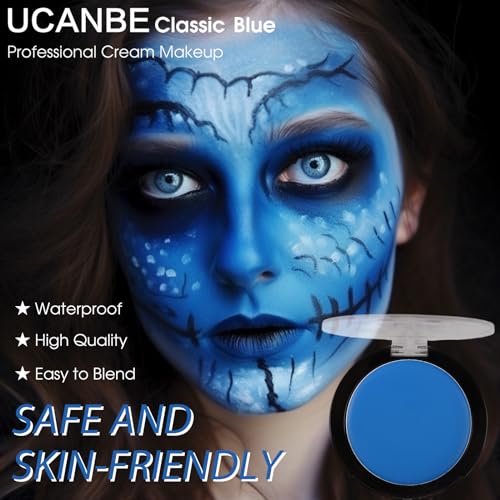 UCANBE Blue Face Body Paint Makeup Foundation, Professional Non-Toxic Greasepaint Palette for Kids & Adults Party, Cream Facepaints for Halloween Cosplay Theater Costume Stage SFX Dress-Up Makeup - Image 3
