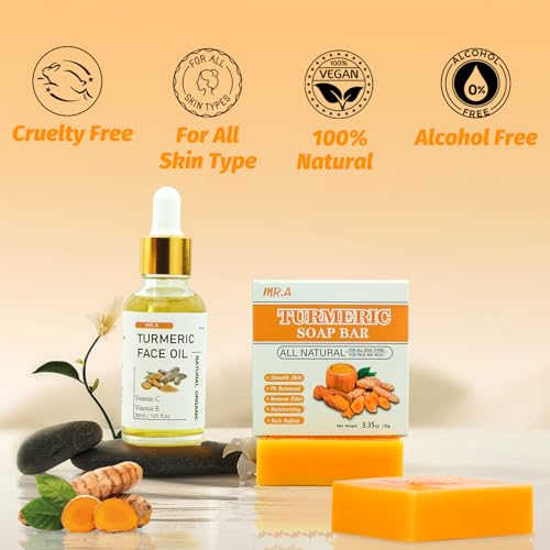 MR.A 2Pcs Turmeric Soap Bar and Turmeric Oil Set for Face & Body, Nautral Ingredients with Vitamin C to Cleanses, Soothing, Hydrating Skin, Turmeric Skin Care Set for All Skin Type - Image 6
