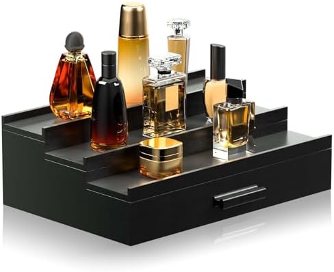 Sephyroth Wooden Cologne Organizer for Men 3 Tier of Elevated Cologne Display Shelf with Drawer Storage Perfume Organization and Storage Display Risers,Great Gift for Man(Black)