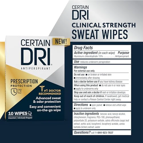 Certain Dri Antiperspirant Wipes for Excessive Sweating and Hyperhidrosis, Clinical Strength Protection Against Odor and Perspiration Lasting 72 Hours, Travel Friendly, Dermatologist Recommended, 10ct - Image 4