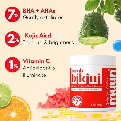 Bikini Area Exfoliator, 2% Kojic Acid Vitamin C & 7% AHA/BHA Even Skin Tone & Ingrown Hair - Underarm Scrub - Radian, Smoothe & Soften Body Scrub - Image 2