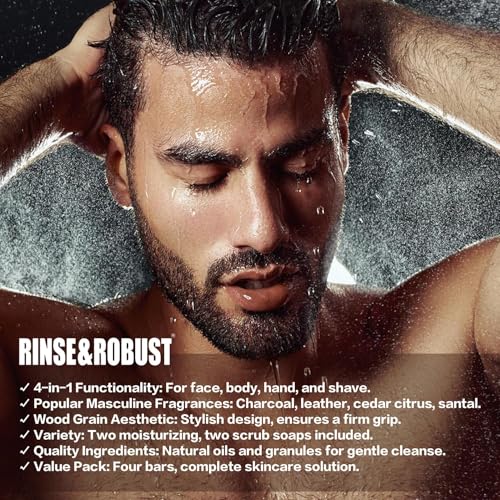 Rinse & Robust Mens Soap 4Pcs Natural Mens Bar Soap Cleansing Soap Bar Set Gift for Men Exfoliating & Moisturizing Luxury Soap FACE BODY HAND SHAVE Soap 4 In 1 All Skin Type |5.3 oz of 4 Bars - Image 5