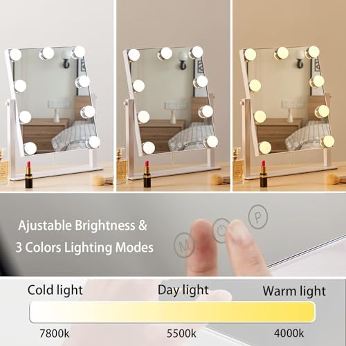 HIEEY Hollywood Vanity Mirror with Lights, Makeup 9 Dimmable Bulbs Three Color Lighting Modes, and 5X Magnification Mirror, Smart Touch Control, 360°Rotation (White) - Image 2
