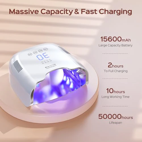 BOLASEN Cordless Rechargeable UV Nail Lamp - UV Light for Gel Nails with Metallic Reflector & Metal Base, 54W Portable Wireless LED Nail Dryer, Professional Fast Charger Curing Lamp for Salon or Home - Image 4