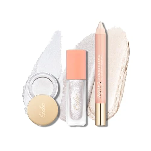 Oulac 3PCS White Eyeshadow Makeup Set-White Cream Eye Shadow-White Eye Pencil-White Liquid Glitter Eyeshadow, Waterproof &Long Lasting Brightener Highlighter Eyeliner Crayon Make up
