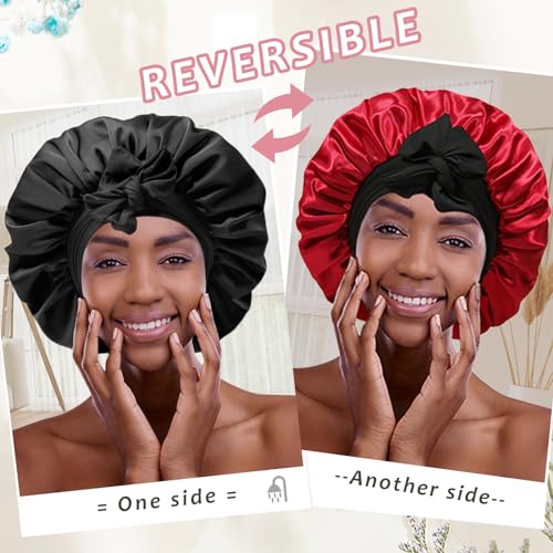 Reversible Satin Bonnet for Women with 3PCS Hair Scrunchies Tie Band Hair Bonnet for Sleeping Large 2 Layered Silk Sleeping Cap Nightcap for Sleeping (Reversible (Black/Red)) - Image 2