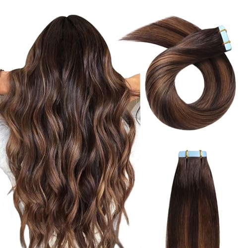 YILITE Tape in Hair Extensions Human Hair #2-6-2 Straight Hair Balayage Darkest Brown Roots Fading to Darkest Brown 24 Inch(Pack of 20) #2-6-2 Balayage Dark Brown to Chestnut Brown