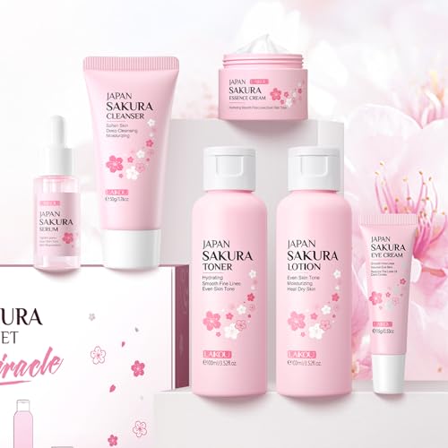 Skin Care Set JAPAN SAKURA Women Beauty Gift Sets Skin Care Kit with Cleanser, Toner, Lotion, Serum, Eye Cream, Face Cream Travel Kit for Women Teen Girls Mom Daughter TSA-friendly Sizes 6pcs - Image 5