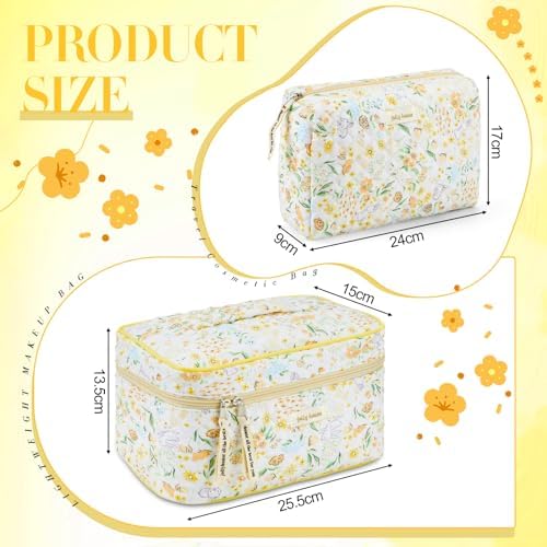 Zeyune 2 Pcs Cotton Quilted Makeup Bag for Women, Large Travel Coquette Cosmetic Bag, Aesthetic Cute Floral Toiletry Skincare Organizer(Yellow Flower) - Image 2