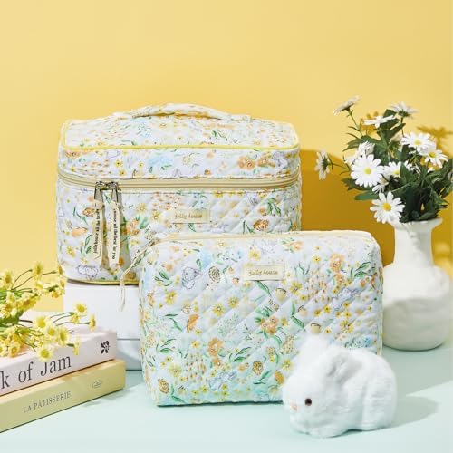 Zeyune 2 Pcs Cotton Quilted Makeup Bag for Women, Large Travel Coquette Cosmetic Bag, Aesthetic Cute Floral Toiletry Skincare Organizer(Yellow Flower) - Image 3