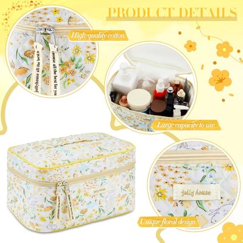 Zeyune 2 Pcs Cotton Quilted Makeup Bag for Women, Large Travel Coquette Cosmetic Bag, Aesthetic Cute Floral Toiletry Skincare Organizer(Yellow Flower) - Image 4