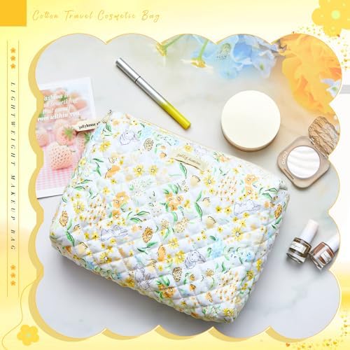 Zeyune 2 Pcs Cotton Quilted Makeup Bag for Women, Large Travel Coquette Cosmetic Bag, Aesthetic Cute Floral Toiletry Skincare Organizer(Yellow Flower) - Image 5