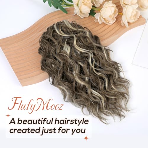 Flufymooz Ponytail Extension, 12" Short Claw Ponytail Extension Wavy Curly Jaw Clip in Pony tails Hair Extension Natural Synthetic Hairpiece for Women (Medium Brown Ash Blonde) - Image 2
