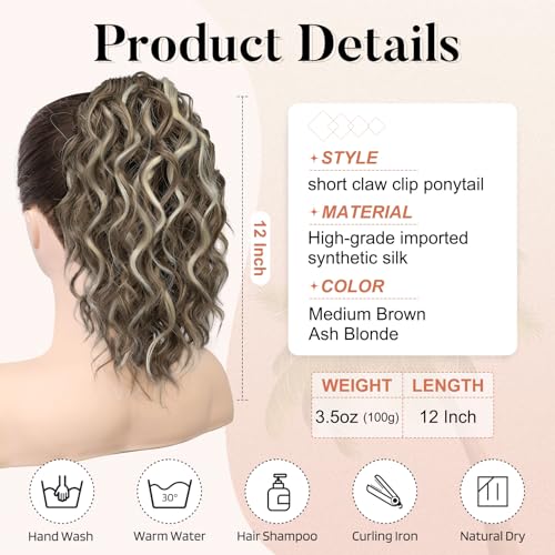 Flufymooz Ponytail Extension, 12" Short Claw Ponytail Extension Wavy Curly Jaw Clip in Pony tails Hair Extension Natural Synthetic Hairpiece for Women (Medium Brown Ash Blonde) - Image 3