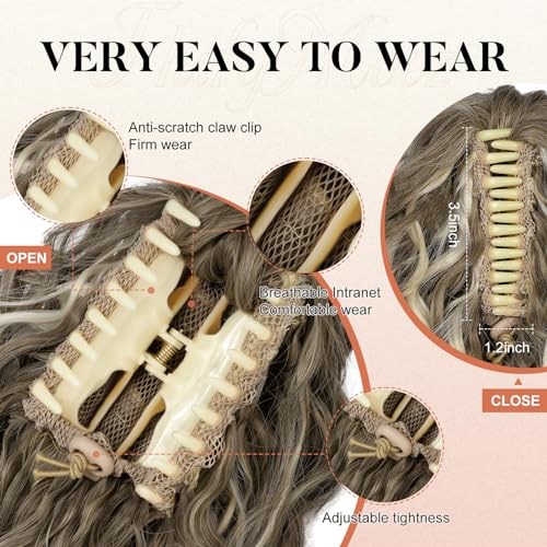 Flufymooz Ponytail Extension, 12" Short Claw Ponytail Extension Wavy Curly Jaw Clip in Pony tails Hair Extension Natural Synthetic Hairpiece for Women (Medium Brown Ash Blonde) - Image 4