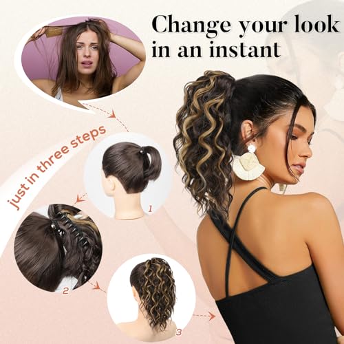 Flufymooz Ponytail Extension, 12" Short Claw Ponytail Extension Wavy Curly Jaw Clip in Pony tails Hair Extension Natural Synthetic Hairpiece for Women (Medium Brown Ash Blonde) - Image 5