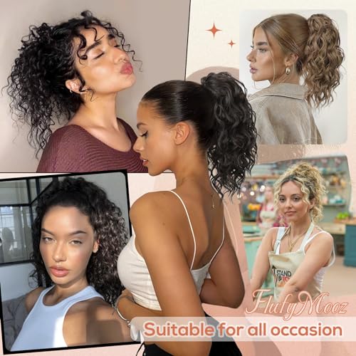 Flufymooz Ponytail Extension, 12" Short Claw Ponytail Extension Wavy Curly Jaw Clip in Pony tails Hair Extension Natural Synthetic Hairpiece for Women (Medium Brown Ash Blonde) - Image 6