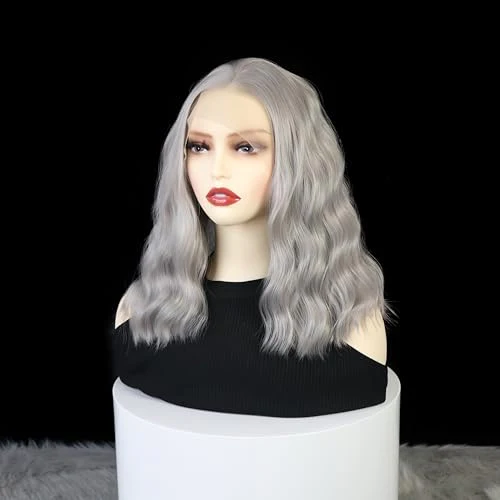 Gray Bob Curly Wig Synthetic Lace Front Wig Middle Part Lace Wigs 14Inch Synthetic Hair Wig for Women Party Use Cosplay Wigs - Image 3