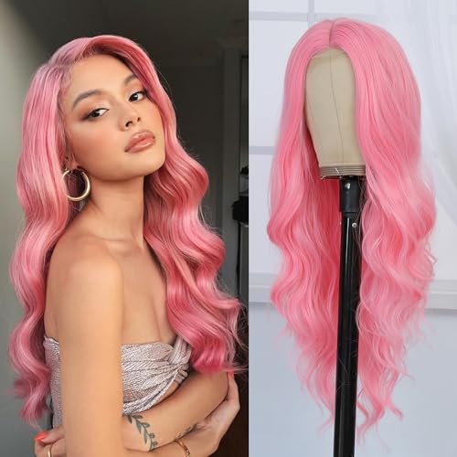 Long Wavy Pink Wig for Women 26 Inch Middle Part Pink Curly Wavy Wig Natural Looking Synthetic Heat Resistant Fiber Wig for Daily Halloween Cosplay Party Use (26 Inch, Pink)