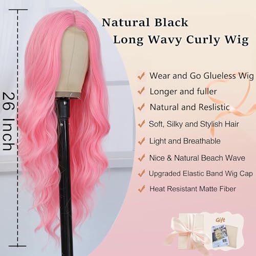 Long Wavy Pink Wig for Women 26 Inch Middle Part Pink Curly Wavy Wig Natural Looking Synthetic Heat Resistant Fiber Wig for Daily Halloween Cosplay Party Use (26 Inch, Pink) - Image 2